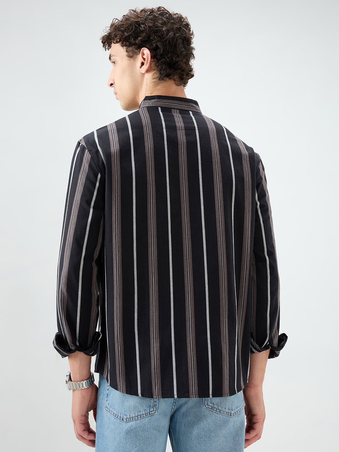 Black & Grey Striped Stand Collar Oversized Shirt