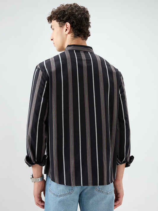 Black & Grey Striped Stand Collar Oversized Shirt