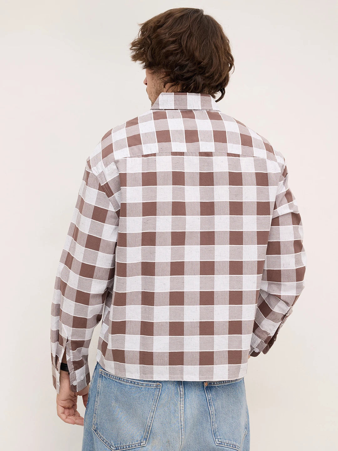 Chocolate Brown & White Ghingham Checks Boxy Fit Crop Shirt