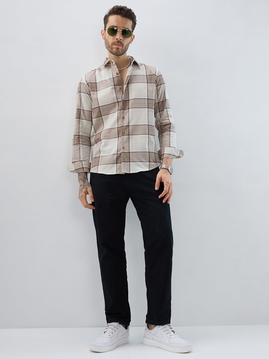 Off White & Brown Checkered Shirt