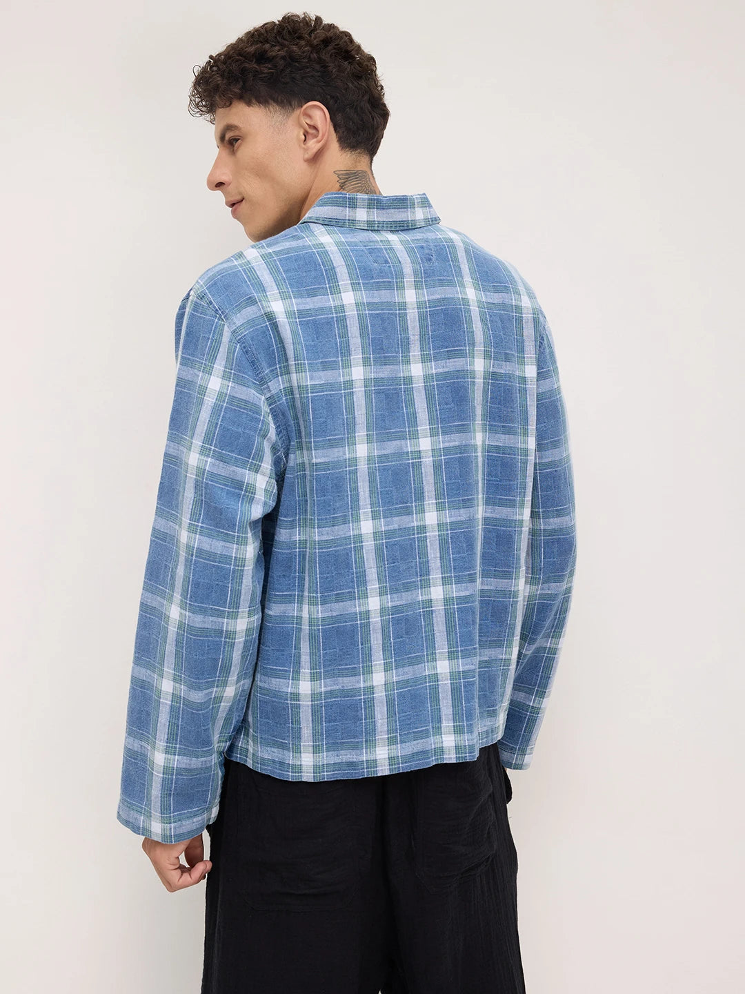 Timeless Denim Plaid Checks Cuffless Oversized Shirt
