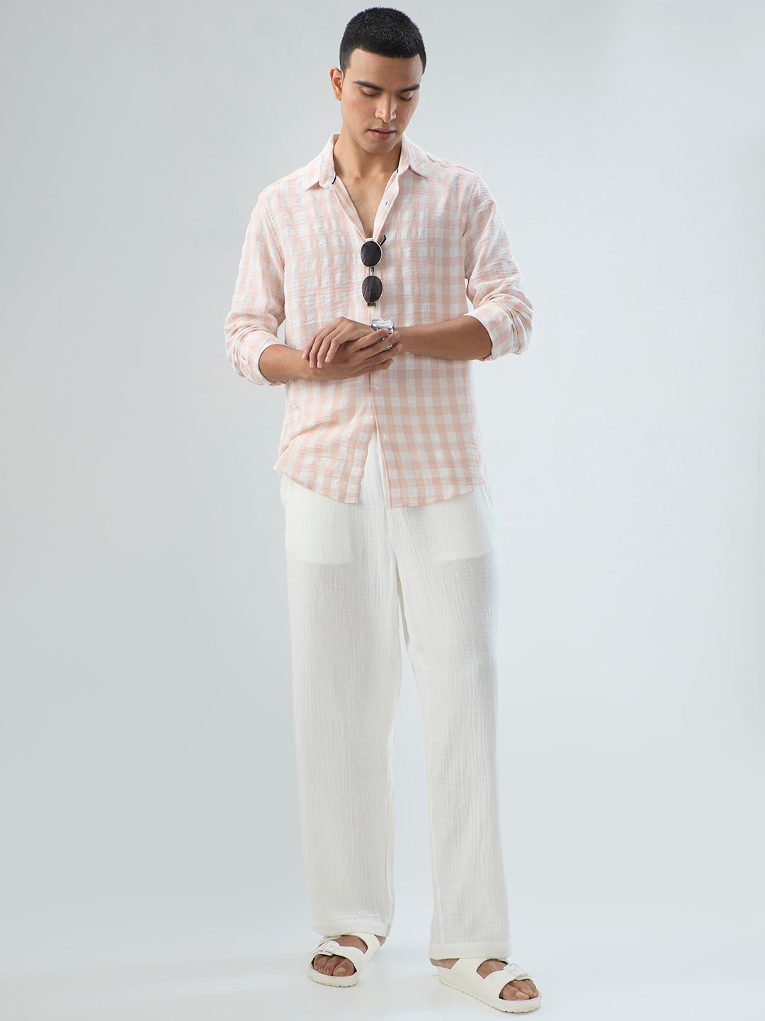 Soft Pastel Peach Box Checks Crinkled Shirt