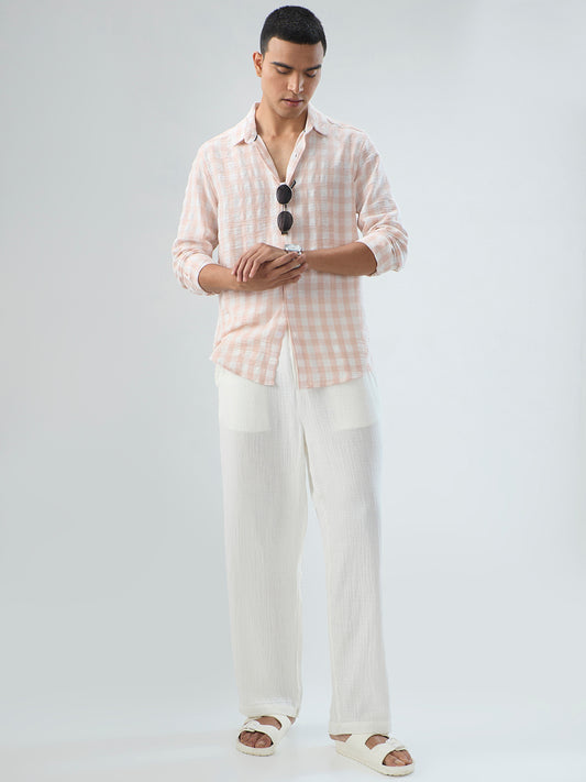 Soft Pastel Peach Box Checks Crinkled Shirt