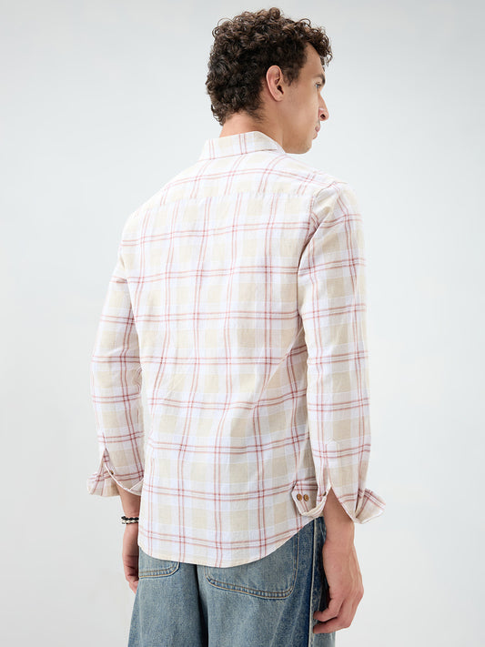 Sand Beige Windowpane Checks Linen Blend Shirt
