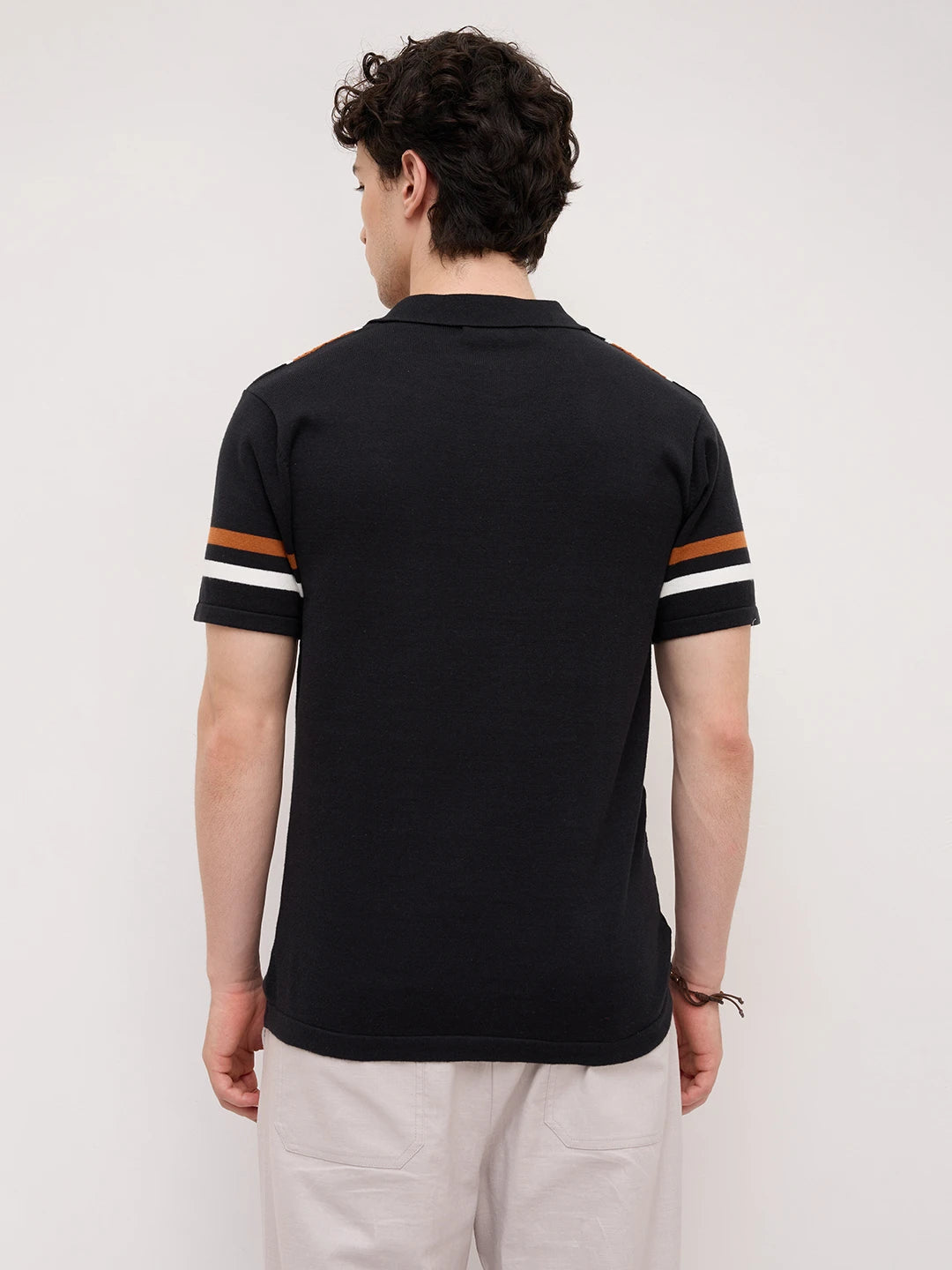 Rust Artisian Panel Striped Polo Zip Flat Knit T-shirt