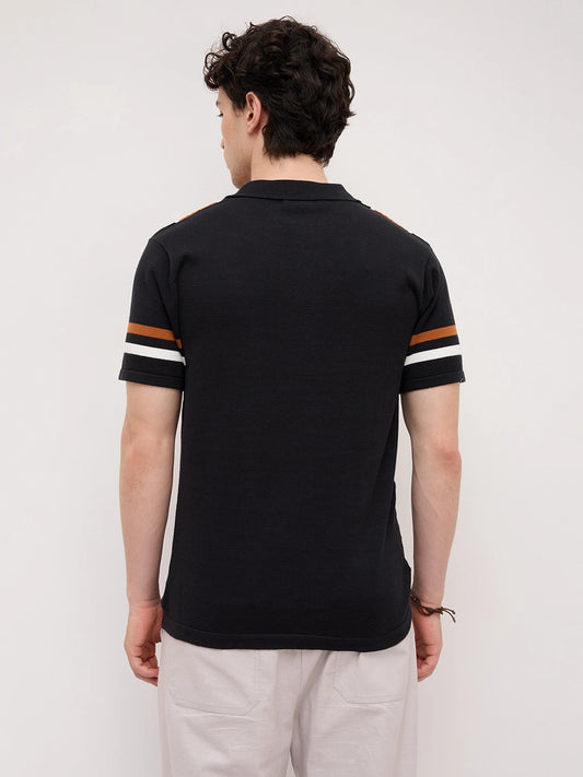 Rust Artisian Panel Striped Polo Zip Flat Knit T-shirt