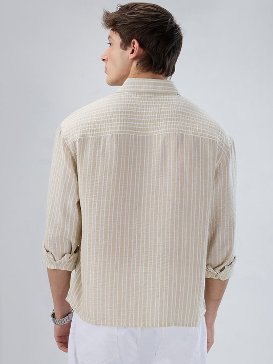 Beige Vertical Striped Crinkled Boxy Fit Crop Shirt
