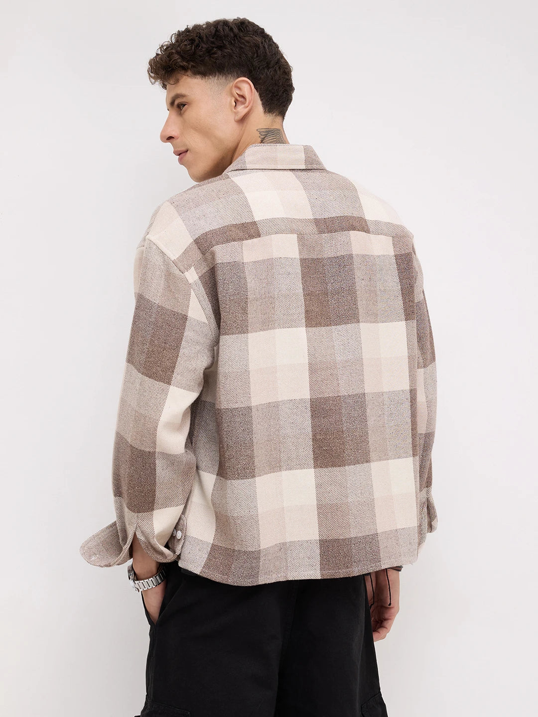 Beige & Brown Square Flannel Checks Boxy Fit Crop Shirt