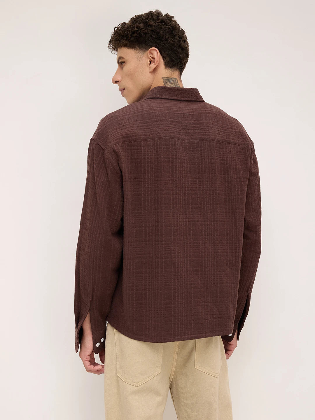 Brunette Brown Double Cloth Gauze Textured Boxy Fit Crop Shirt