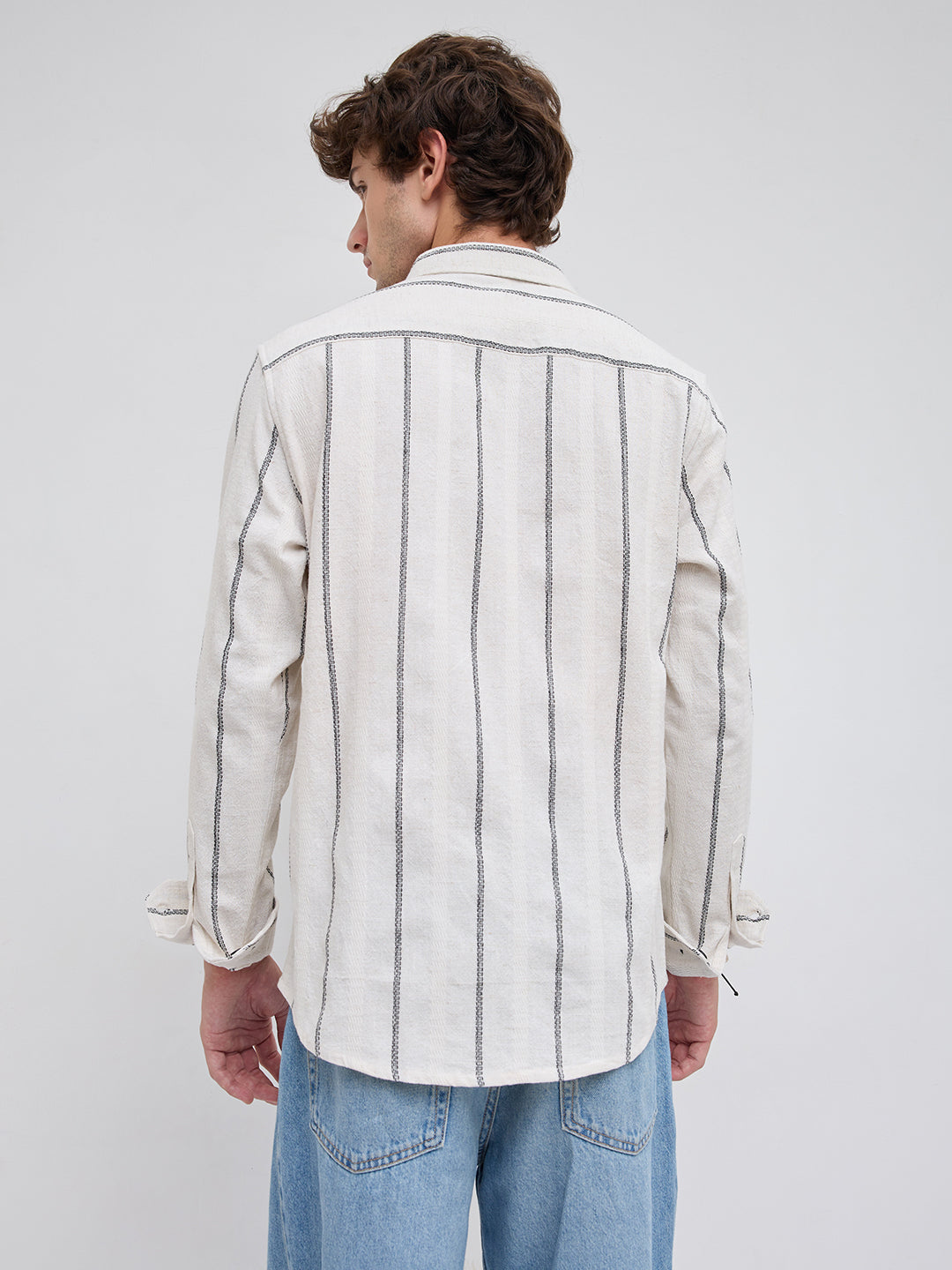 Ivory & Black Embroidered Striped Shirt