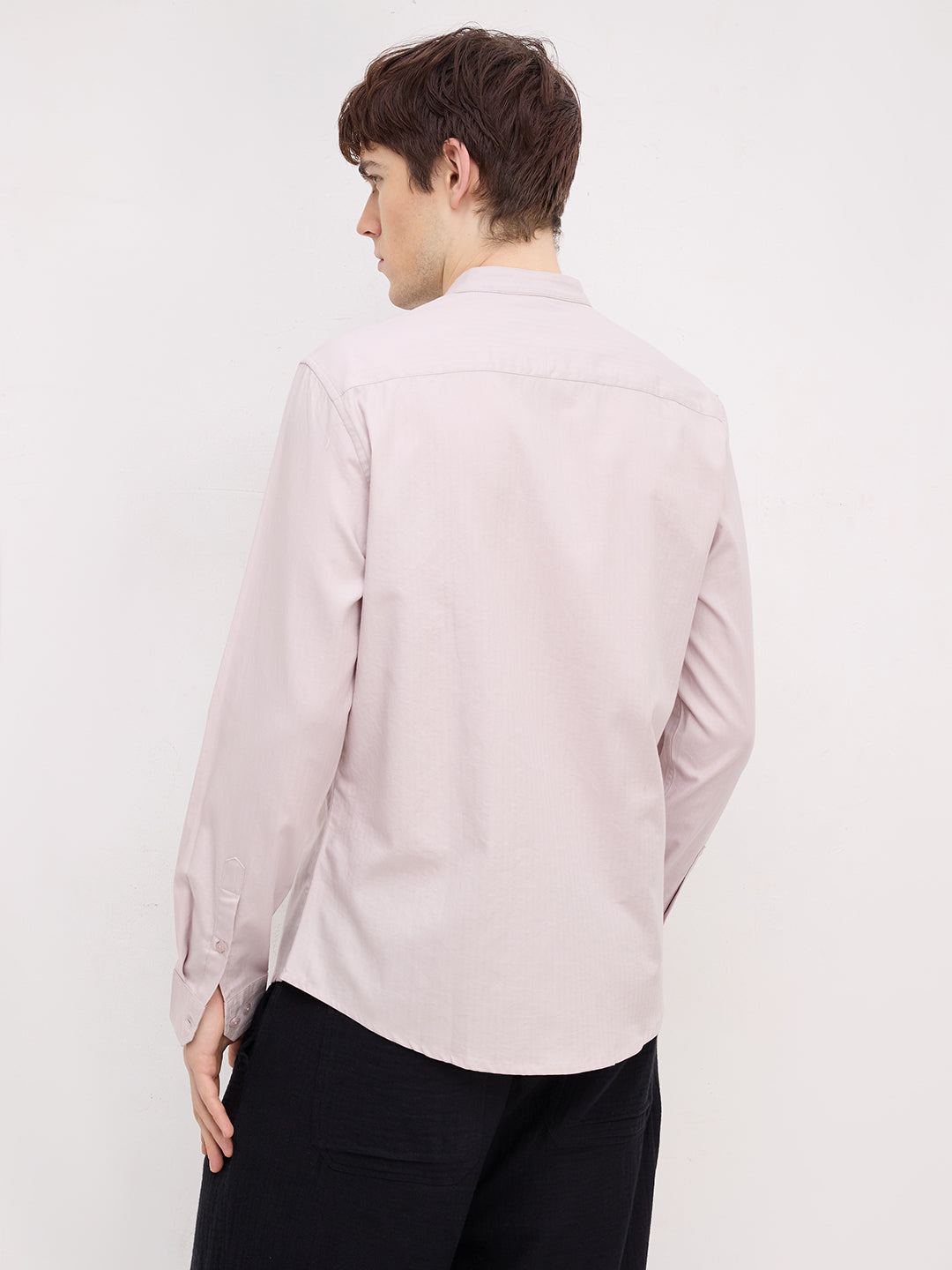 Cosmic Latte Beige Herringbone Textured Mandarin Shirt