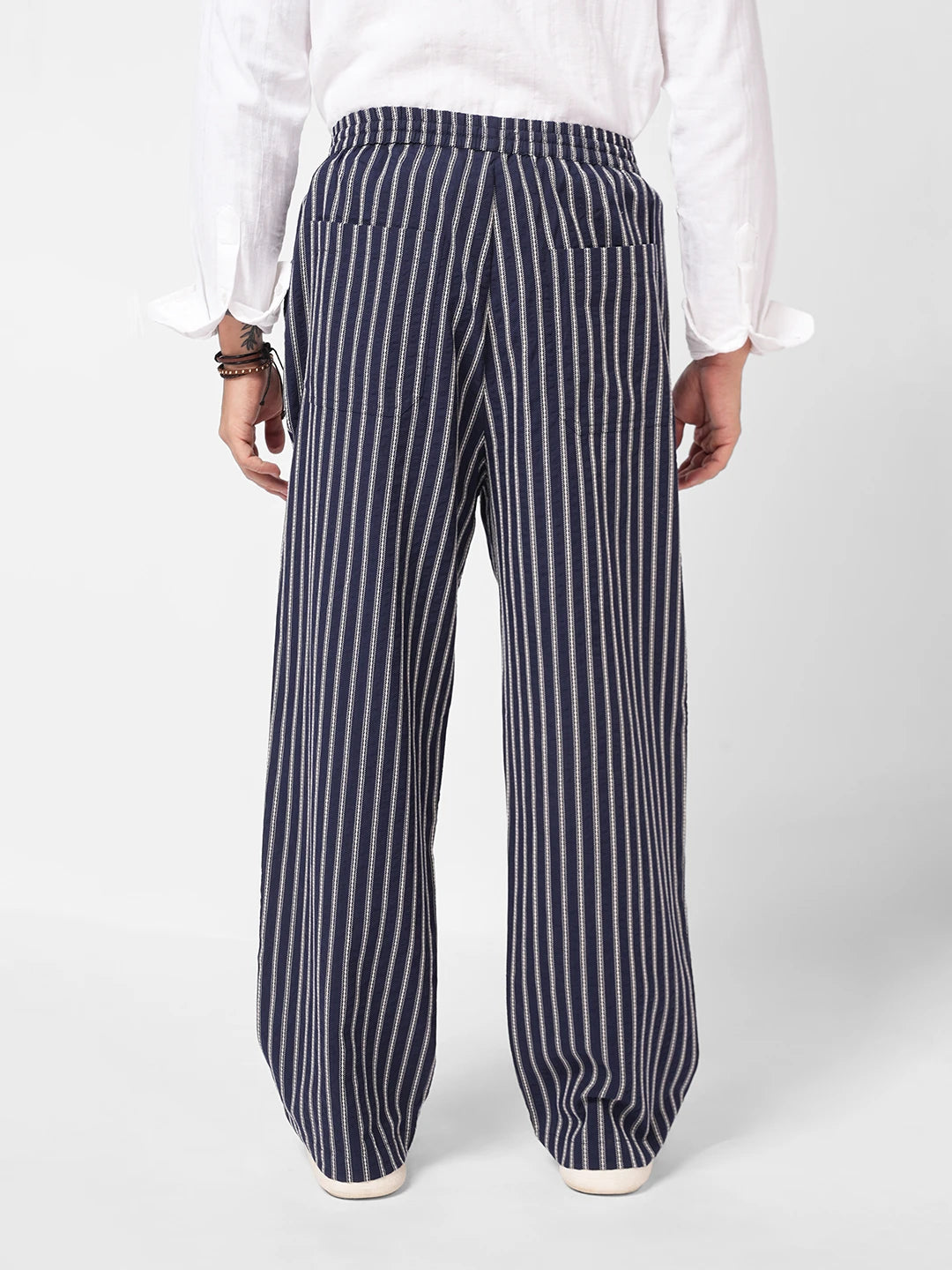 Navy Artisan Fine Embroidered Seersucker Striped Straight Fit Trousers