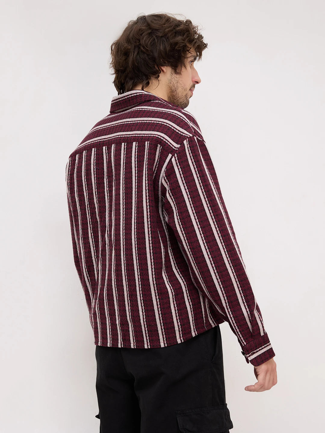 Maroon Contrast Striped Wintercrest Flannel Boxy Fit Crop Shirt