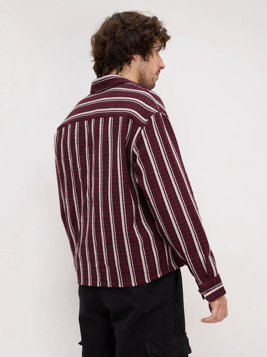 Maroon Contrast Striped Wintercrest Flannel Boxy Fit Crop Shirt