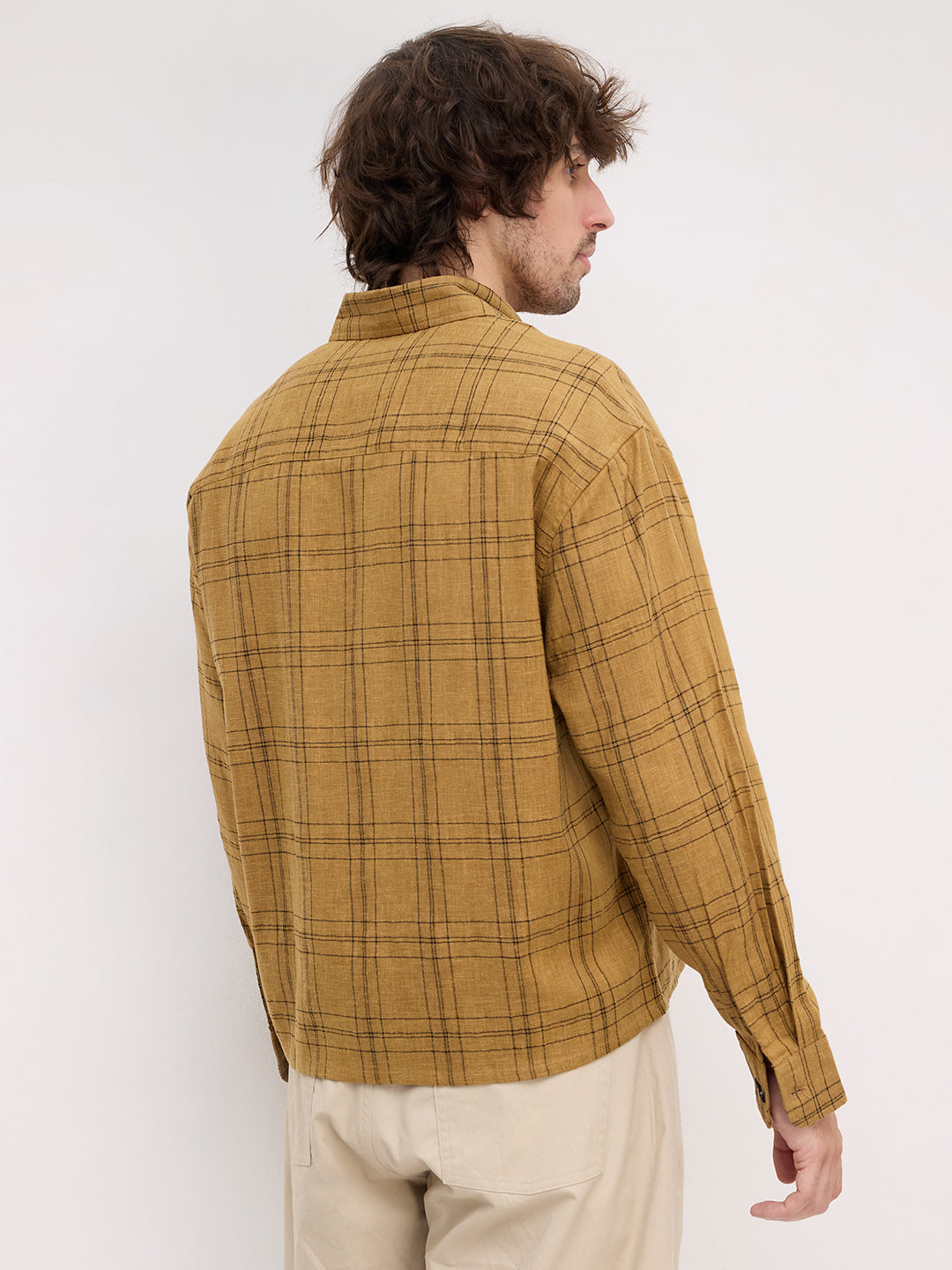 Khaki Contrast Windowpane Checks Boxy Fit Crop Shirt