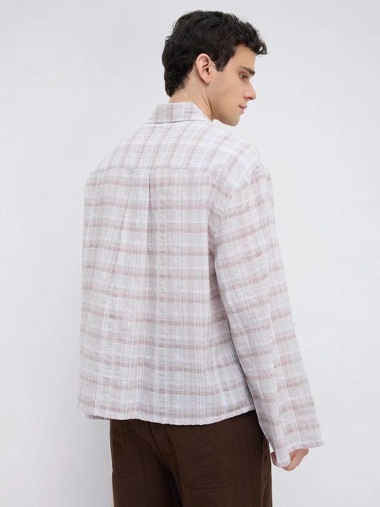 Taupe Brown Fine Checks Weave Oversized Crop Shirt