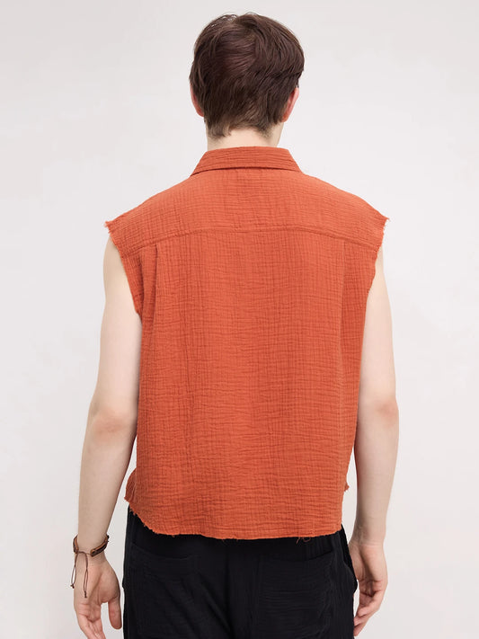 Trendy Fiery Rust Sleeveless Cropped Shirt