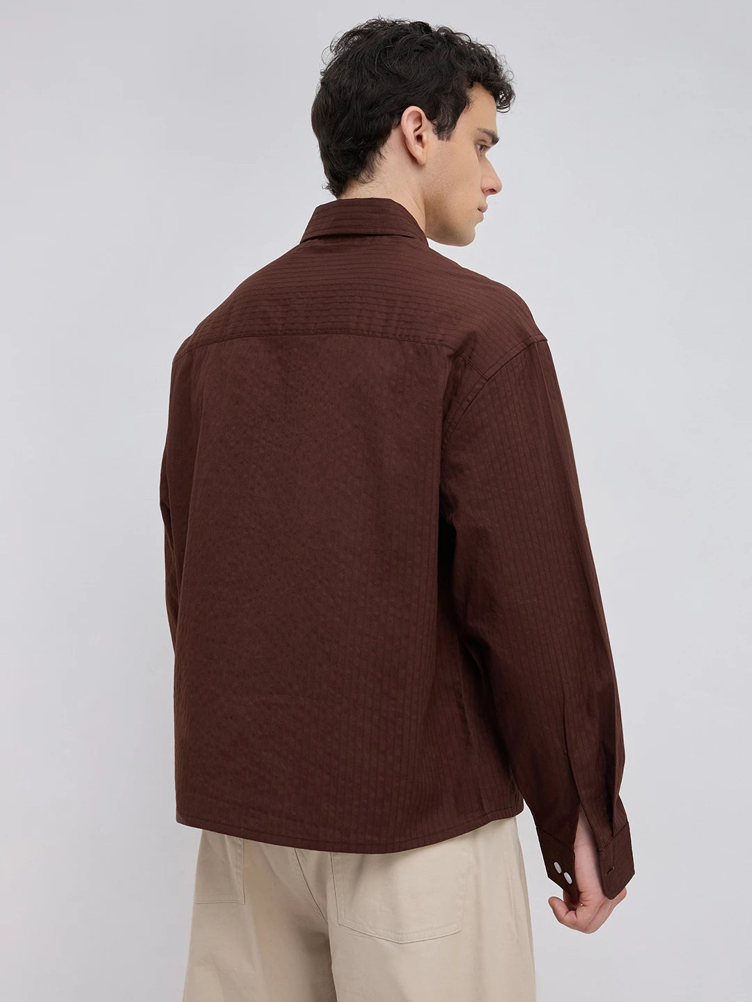 Espresso Brown Pinstriped Boxy Fit Crop Shirt