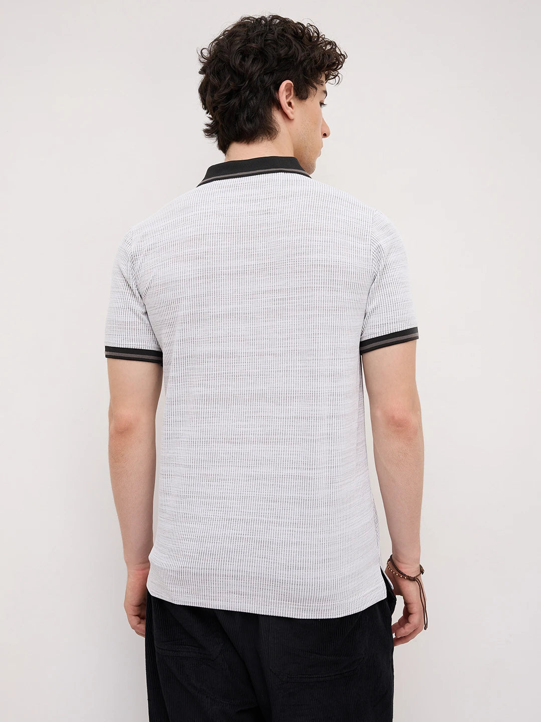 White Stripe Textured Contrast Polo Knit T-Shirt