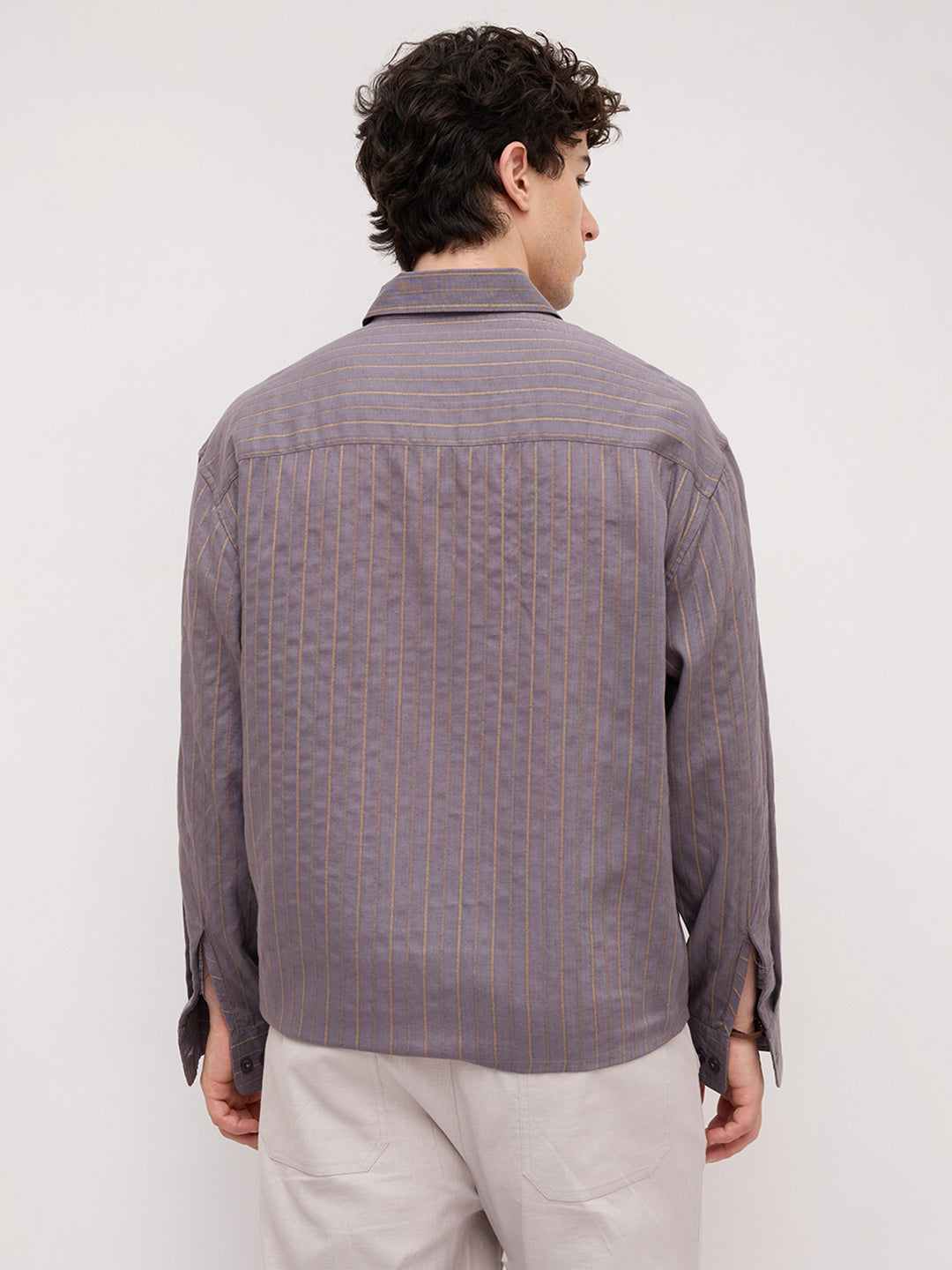 Luxe Purple & Gold Striped Linen Blend Boxy Fit Crop Shirt