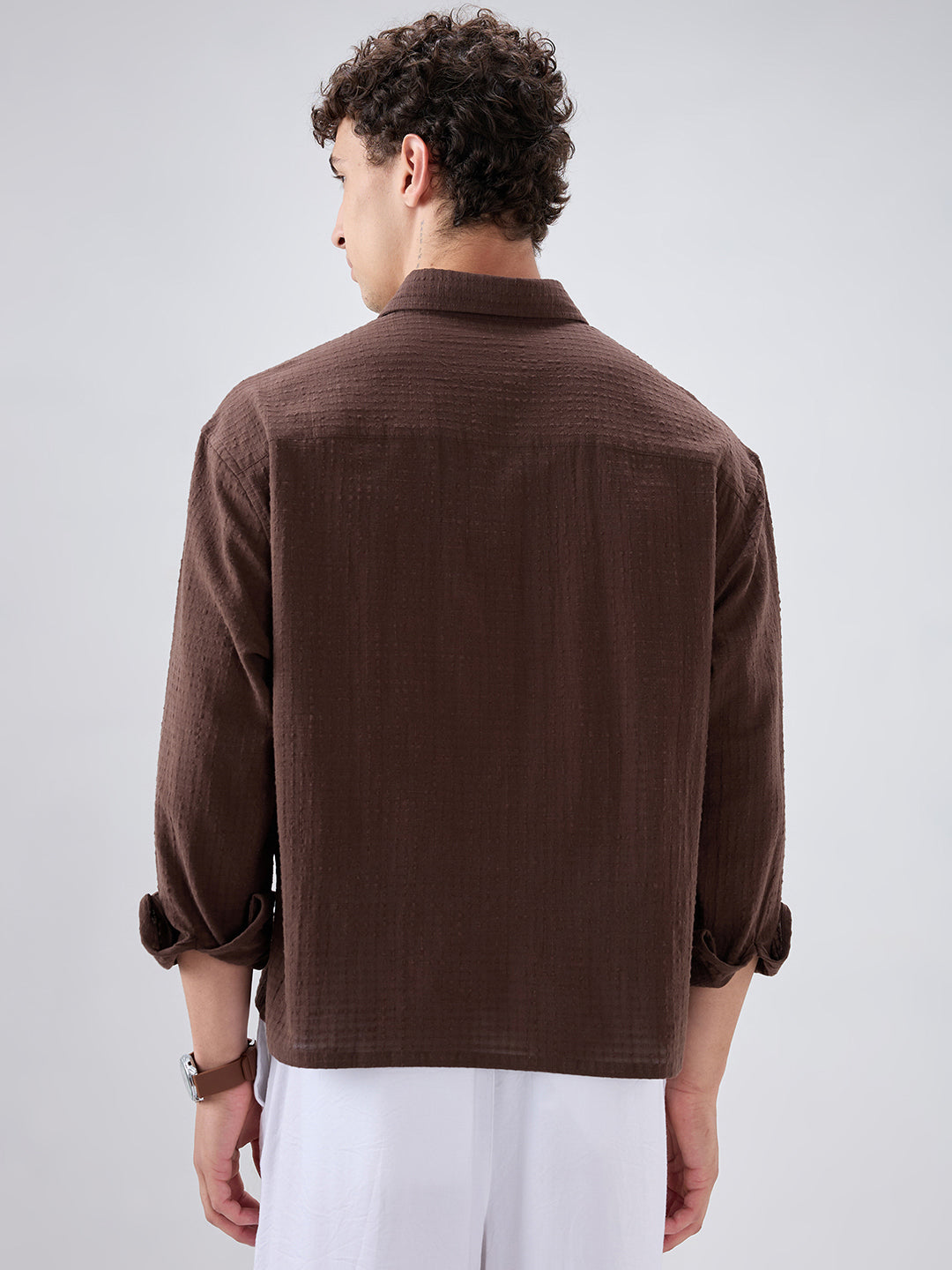 Chocolate Brown Micro Box Textured Boxy Fit Crop Shirt