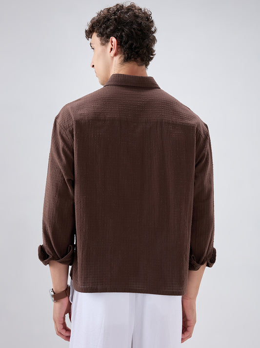 Chocolate Brown Micro Box Textured Boxy Fit Crop Shirt