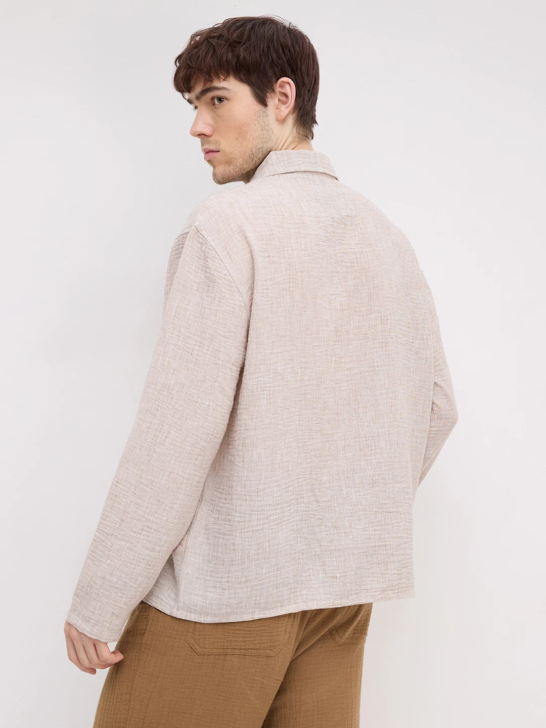 Elegant Sand Beige Textured Oversized Polo Shirt