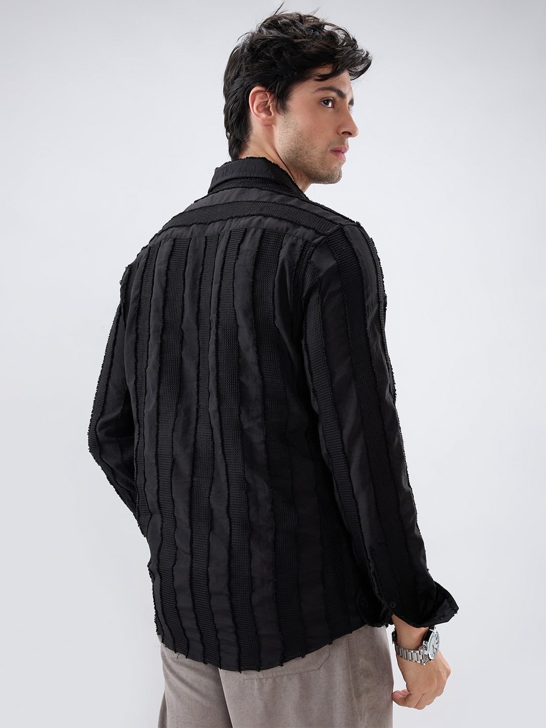 Jet Black Frayed Panelled Waffle Textured Shirt
