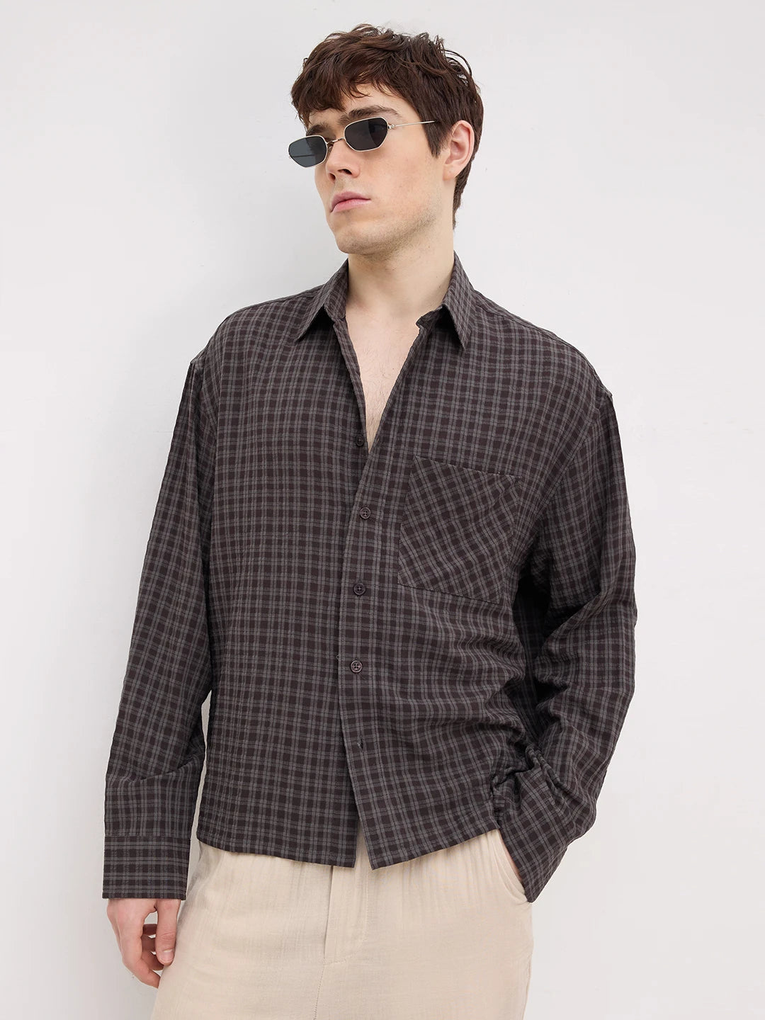 Brown & Grey Shadow Atelier Checked Boxy Fit Crop Shirt