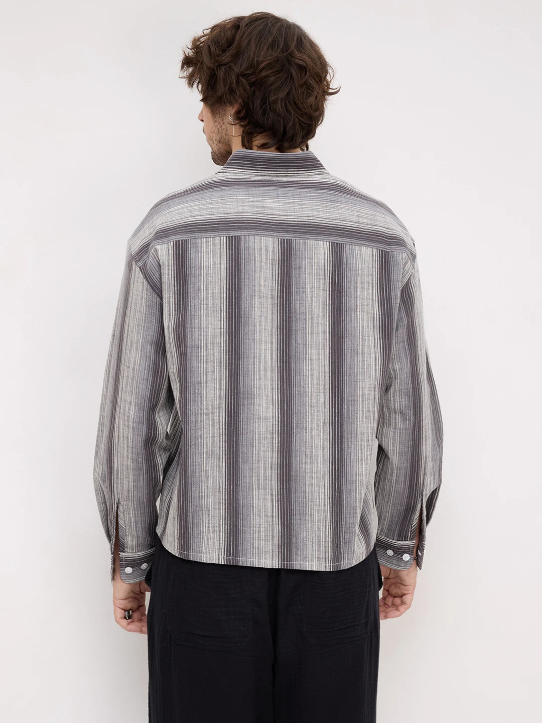 Grey Spectrum Microline Vertical Loom Boxy Fit Crop Shirt