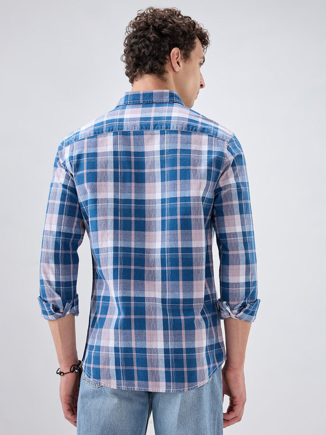 Denim Blue & Peach Multi Line Block Checks Shirt