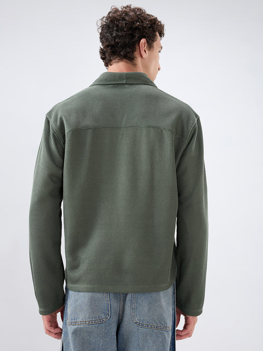 Refined Olive Textured Knitted  Oversized Polo Shirt