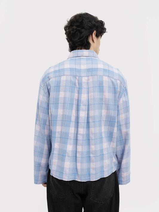 Luxe Denim Square Checks Cuffless Oversized Crop Shirt
