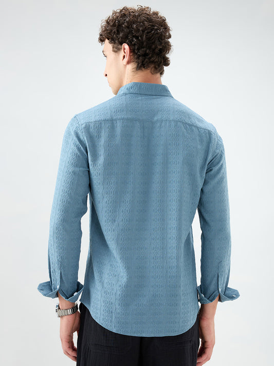Ocean Teal Motif Raised Textured Crinkled Shirt