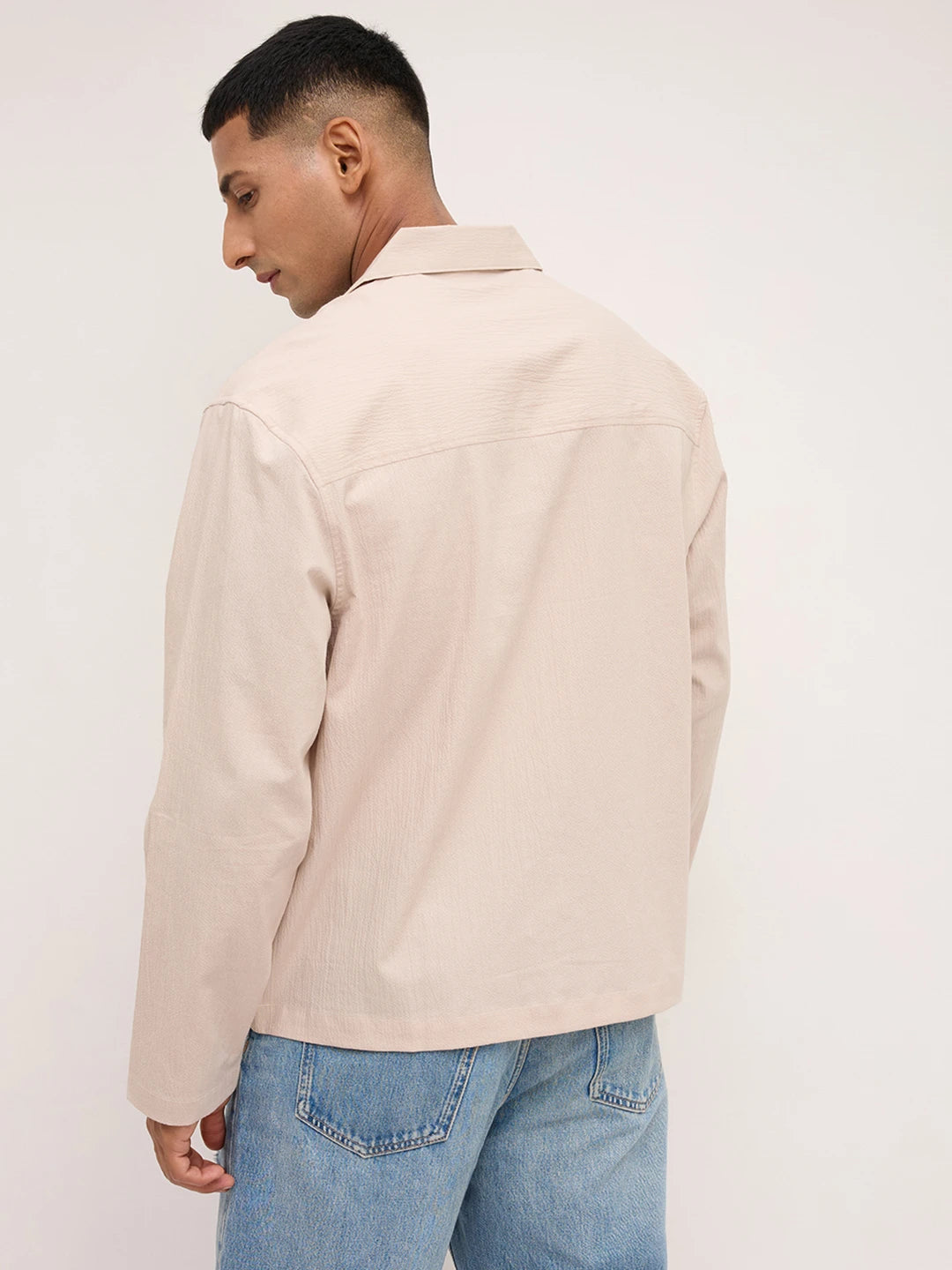 Luxe Beige Fine Textured Notch Collar Oversized Shirt
