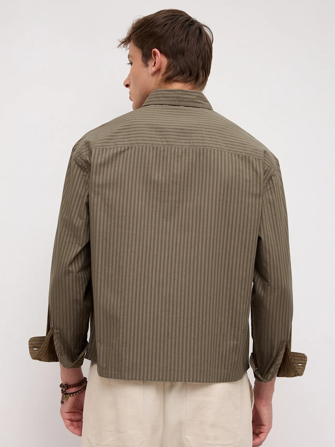 Olive Sheer Striped Boxy Fit Crop Shirt