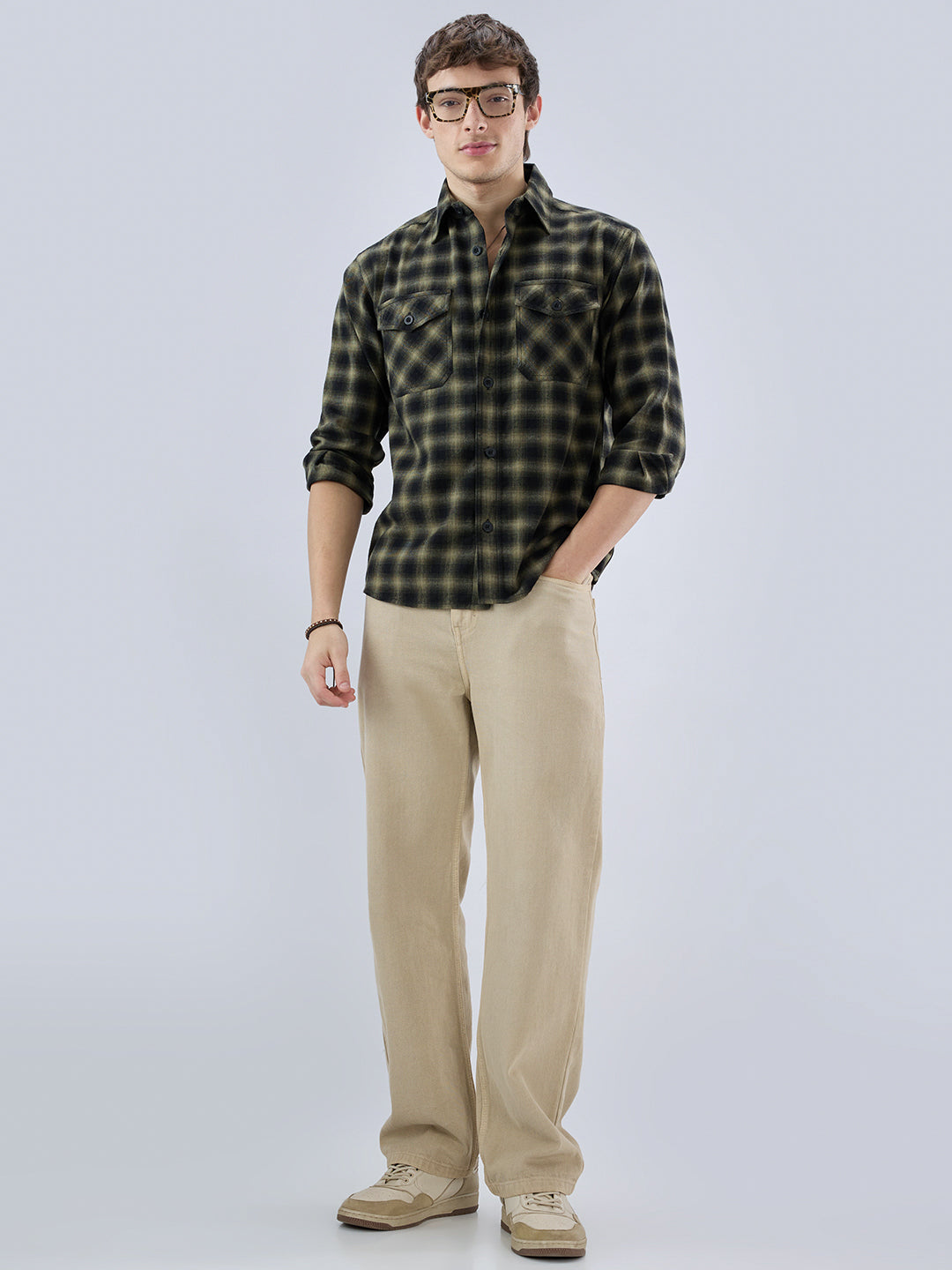 Deep Olive Soft Rustic Checks Double Pocket Shirt