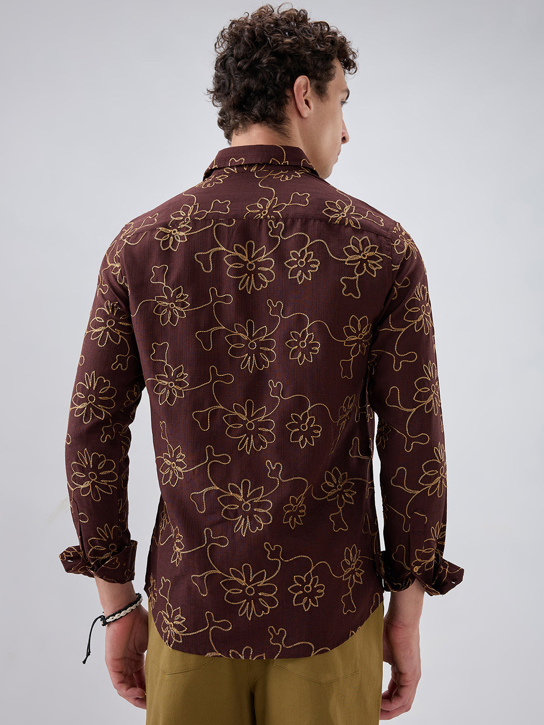 Brown Slub Textured Floral Contrast Embroidered Shirt