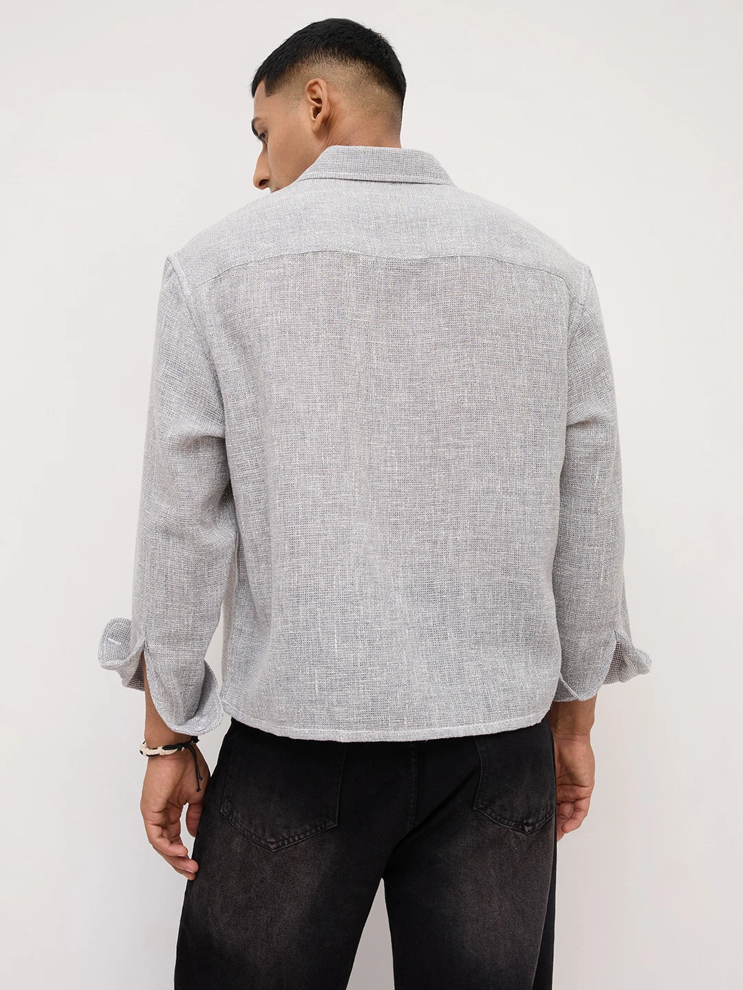 Frost Grey Crosshatch Grid Textured Boxy Fit Crop Shirt