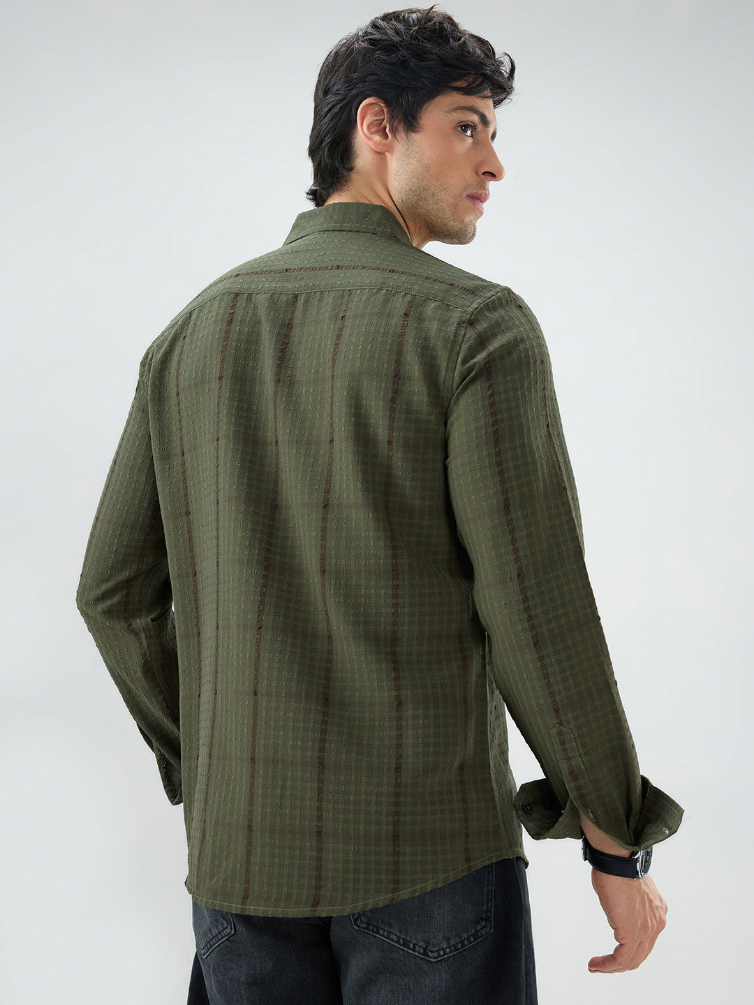 Olive Micro Checks Textured Shirt