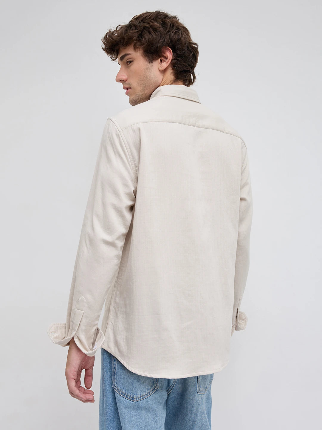 Creamy Beige Herringbone Textured Button-Down Shirt