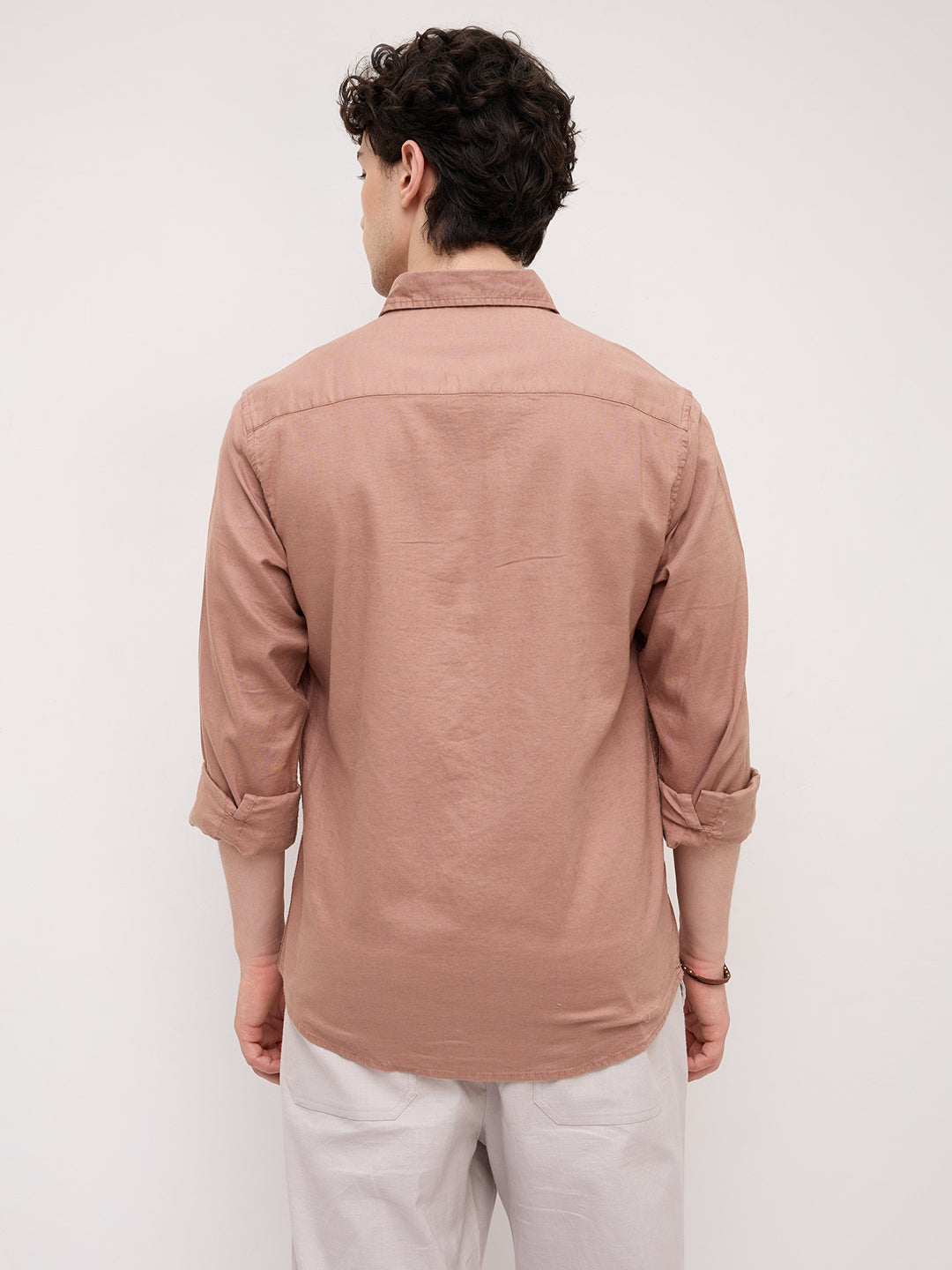 Creamy Coral Peach Button-Down Collar Linen Blend Business Shirt
