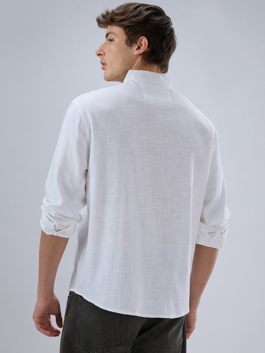 Soft Snow White Diagonal Textured Stand Collar Oversized Shirt