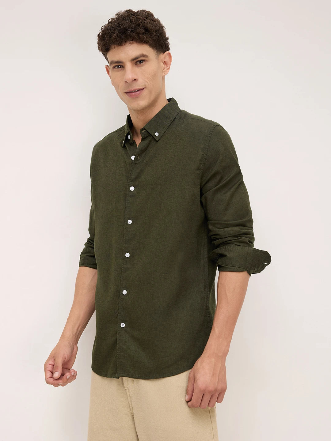 Forest Green Button-Down Collar Linen Blend Shirt
