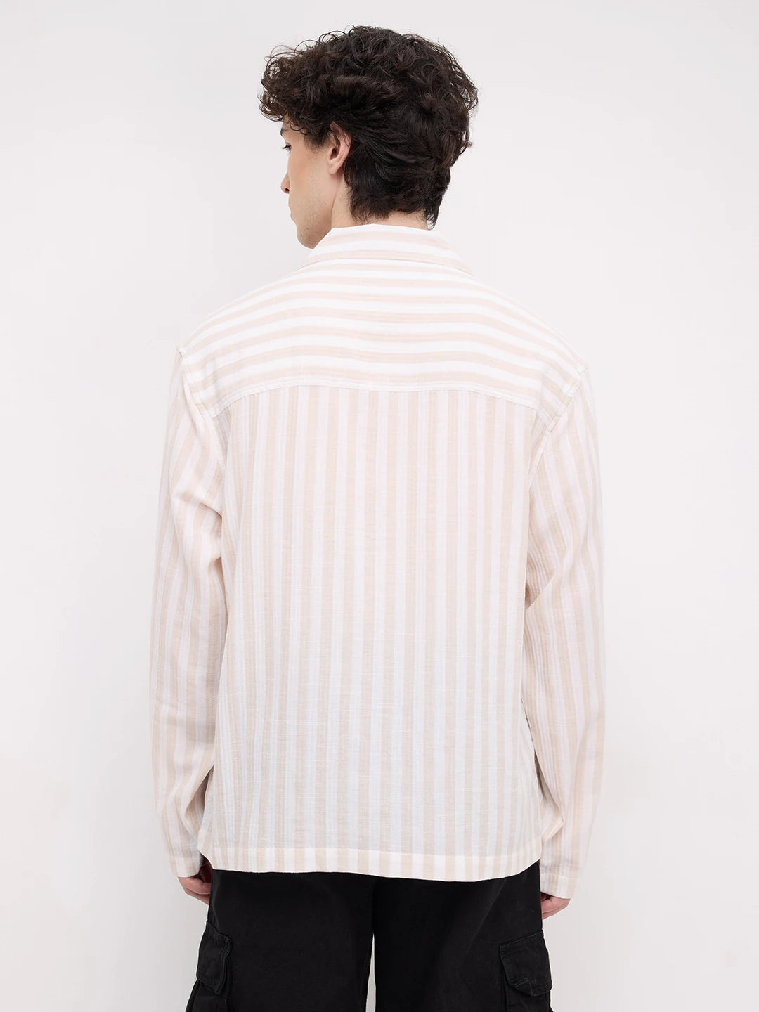 Bisque Beige Candy Striped Notch Collar Oversized Shirt