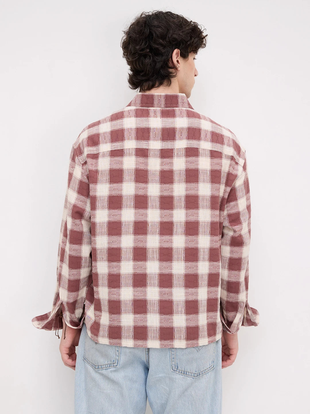 Vintage Maroon Handloom Inspired Checks Boxy Fit Crop Shirt
