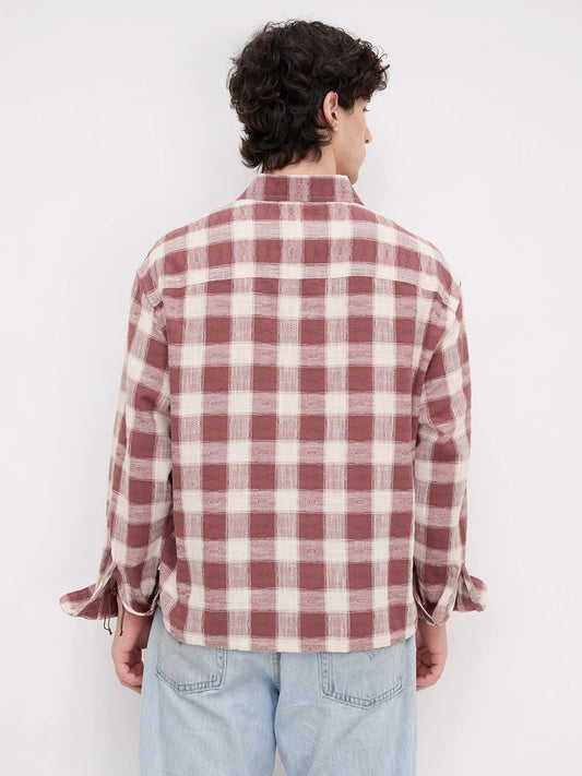 Vintage Maroon Handloom Inspired Checks Boxy Fit Crop Shirt