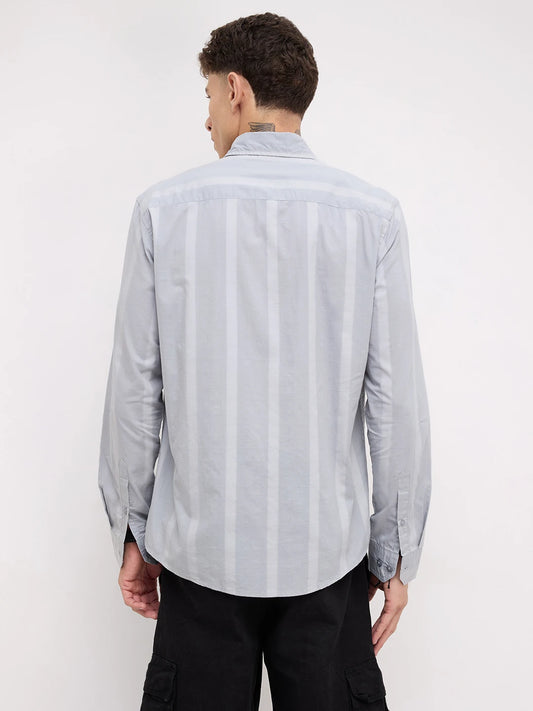 Bluish Grey Textured Striped Weave Shirt