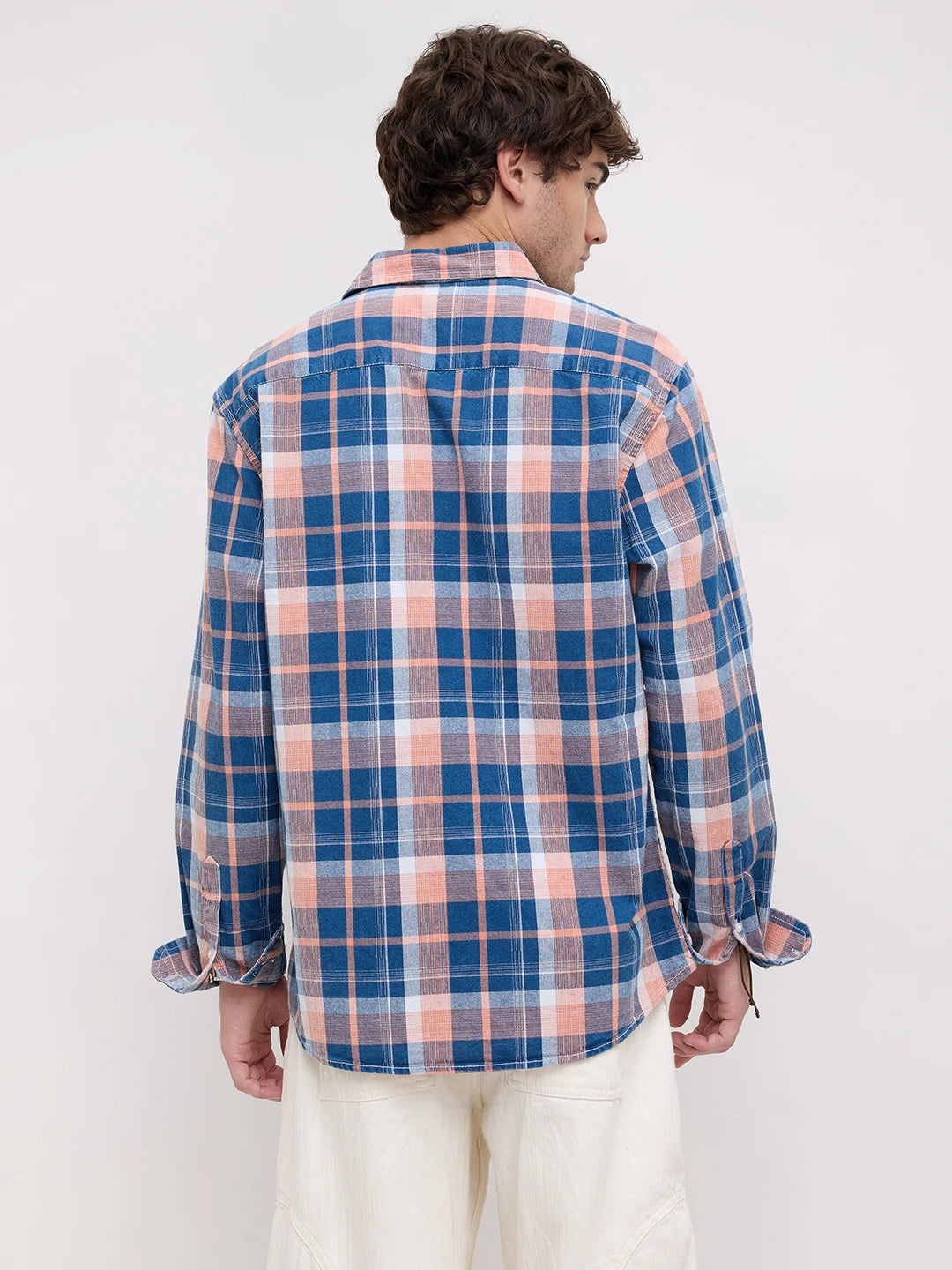 Denim Blue & Pink Multi Line Block Checks Shirt