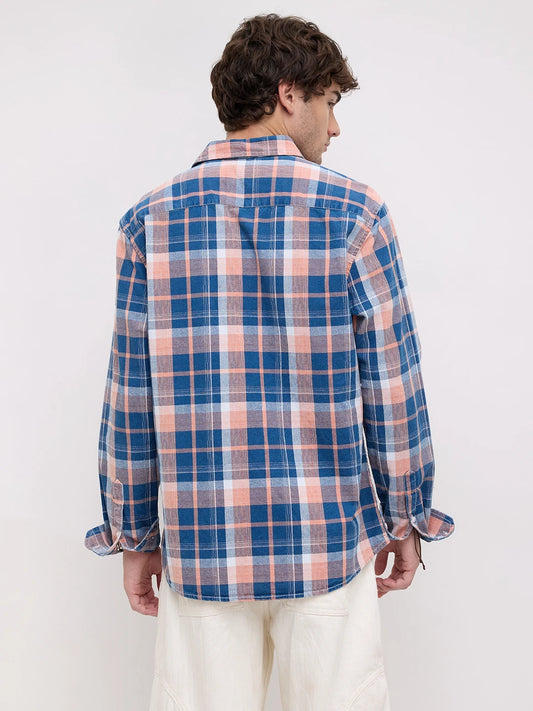 Denim Blue & Pink Multi Line Block Checks Shirt